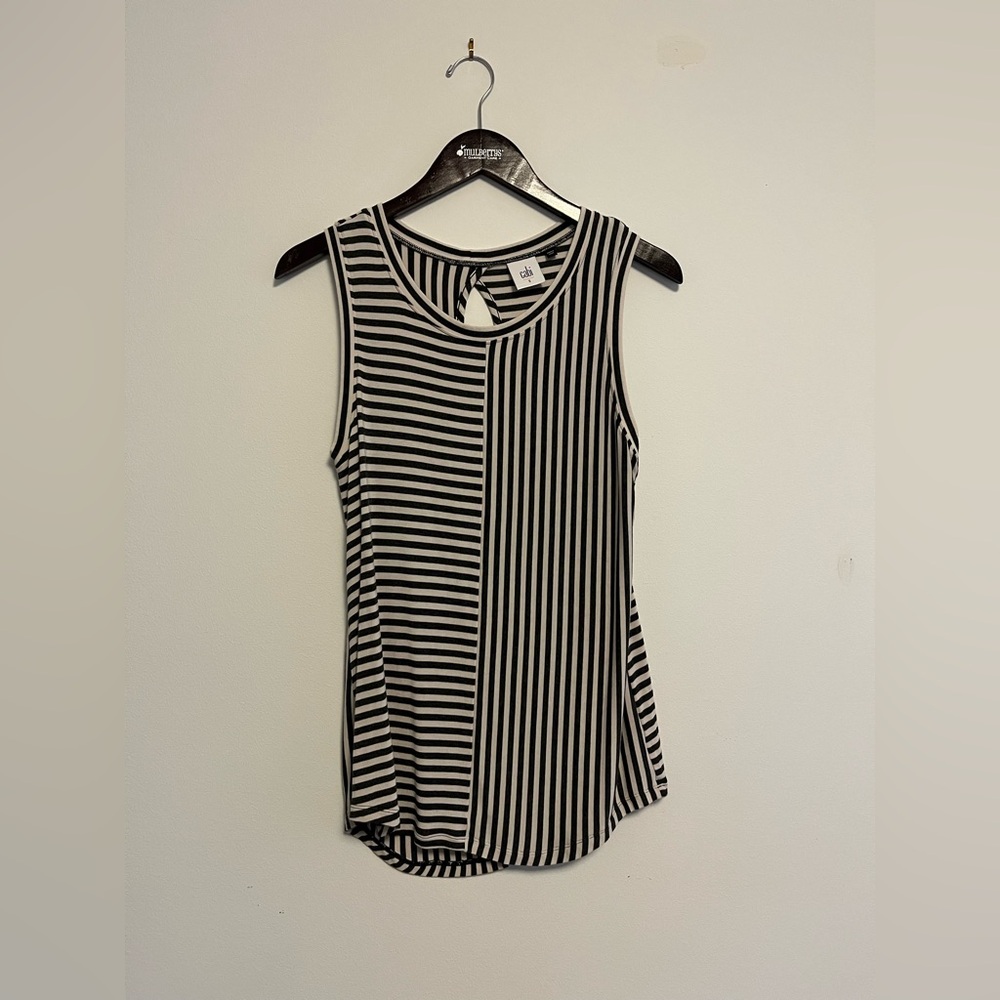 CAbi 3417 Gray and Cream Striped Tank Top with Keyhole Detail